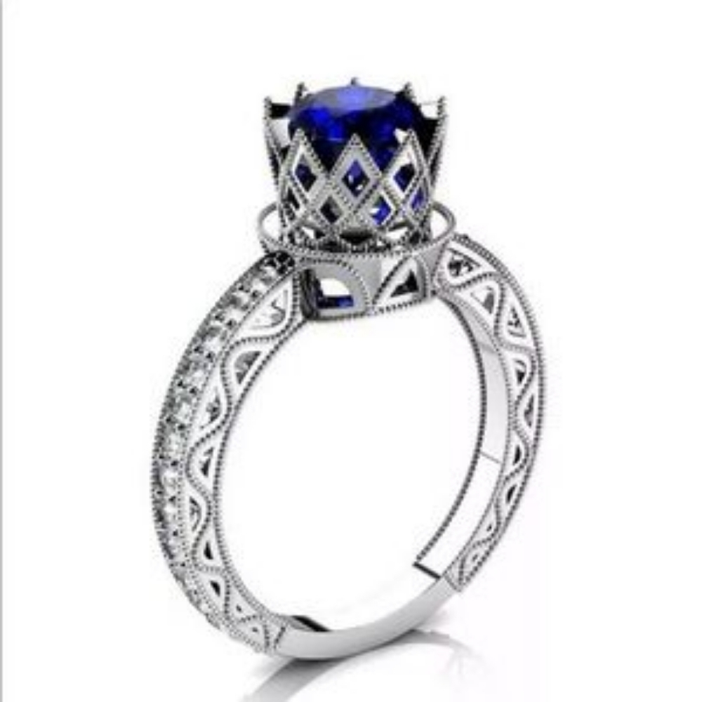 S925 Silver Blue Sapphire Diamond Ring - Picture 4 of 6